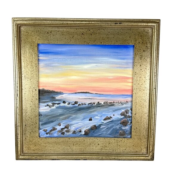Framed Seascape Oil Painting by K Bennett Coastal Sunset 17x17 Gold Frame - Picture 1 of 13